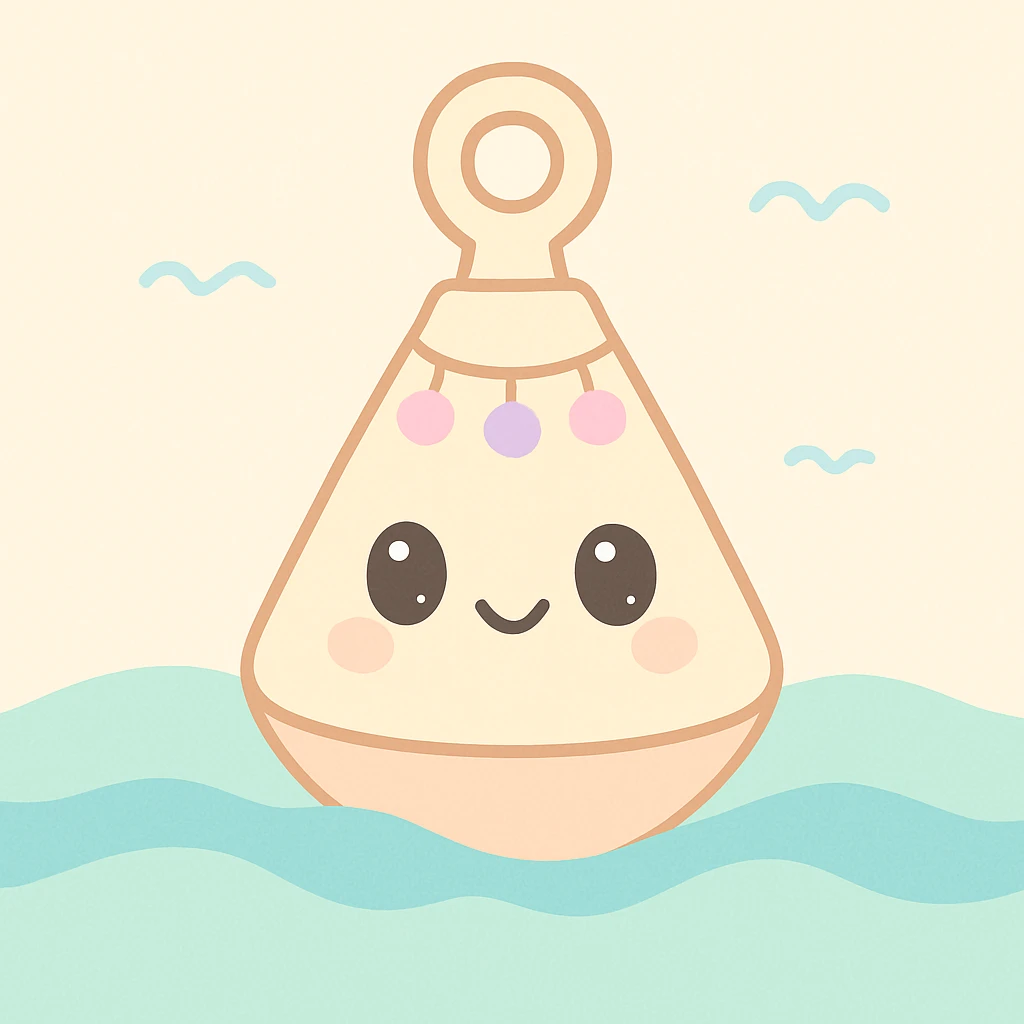 girly buoy with pendants, smiling, surrounded by gentle sea waves, charming and lighthearted, sweet and playful emoji