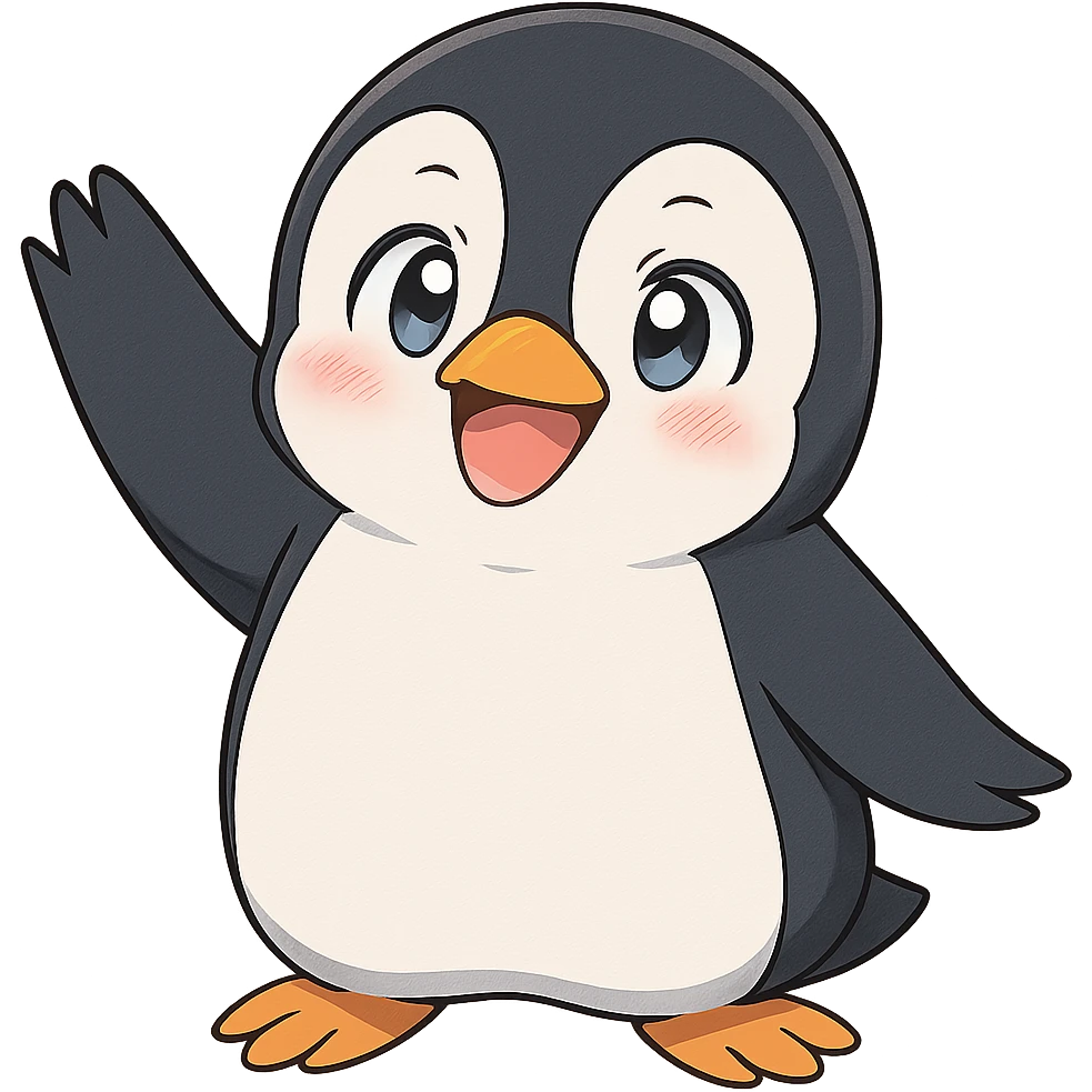 anime style penguin waving, looking happy emoji