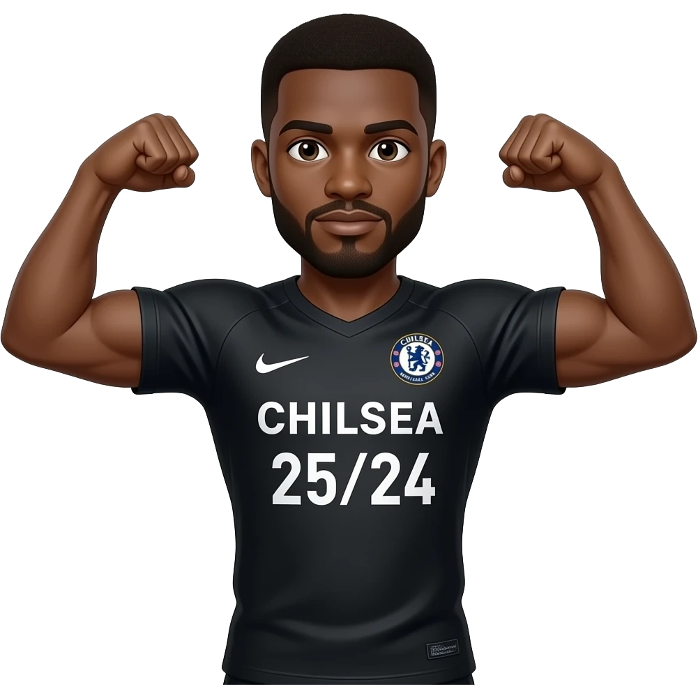 Black man with goatee double arm flex wearing Chelsea 25/26 black jersey emoji