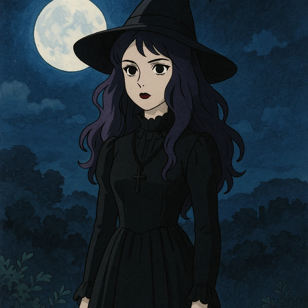 gothic woman with purple hair, witchy touch, standing in moonlight, ghibli style emoji