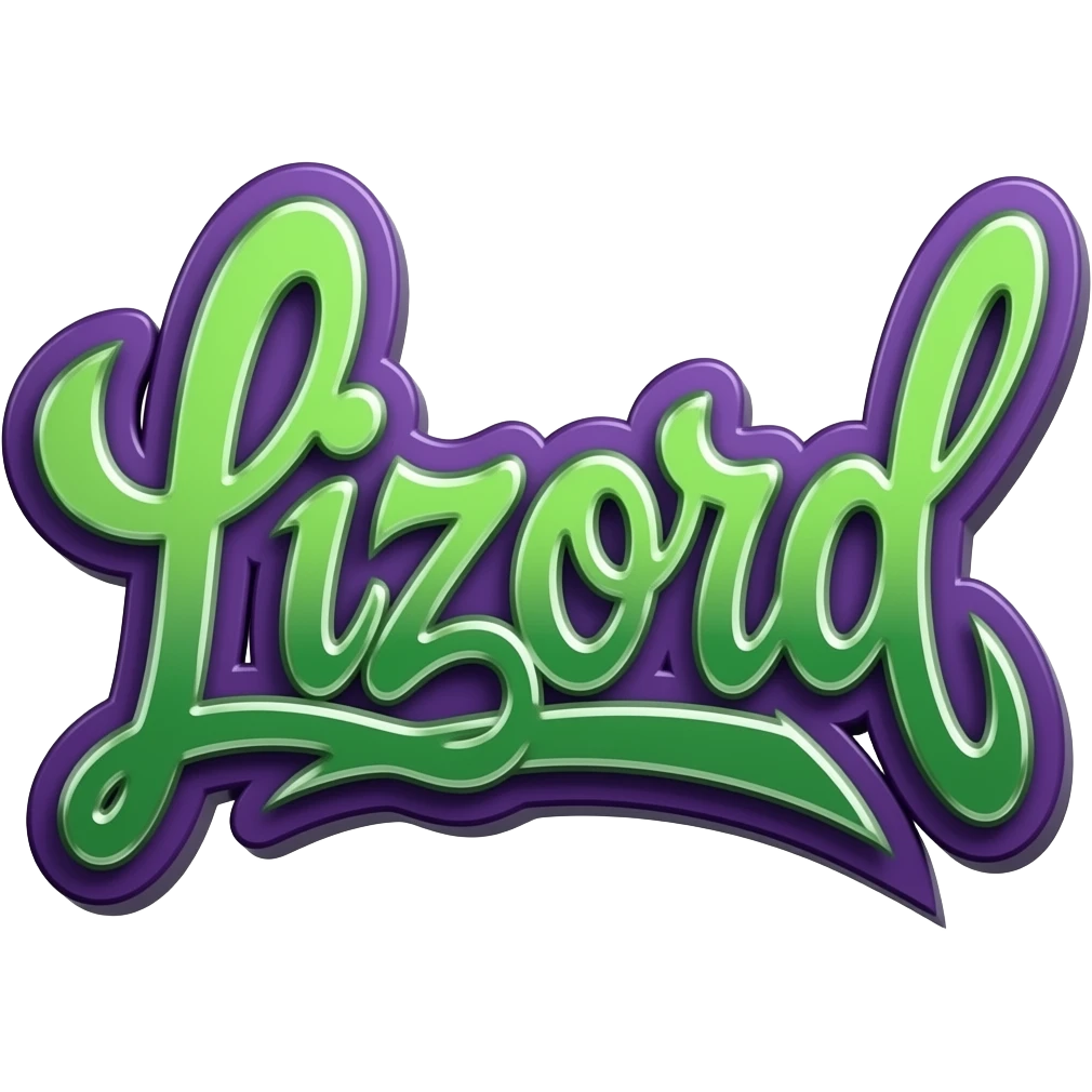 Graffity green  and purple  metálico y 3D al estilo Cyber neon write "Lizord" png background with hrome effect and gyperrealistic emoji