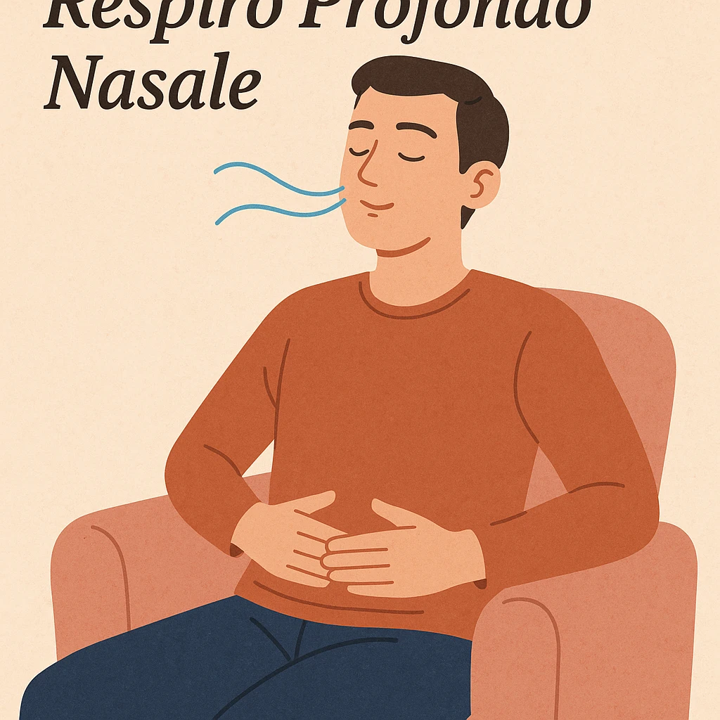 person sitting relaxed with hands on abdomen practicing deep nasal breathing, caption in Italian emoji