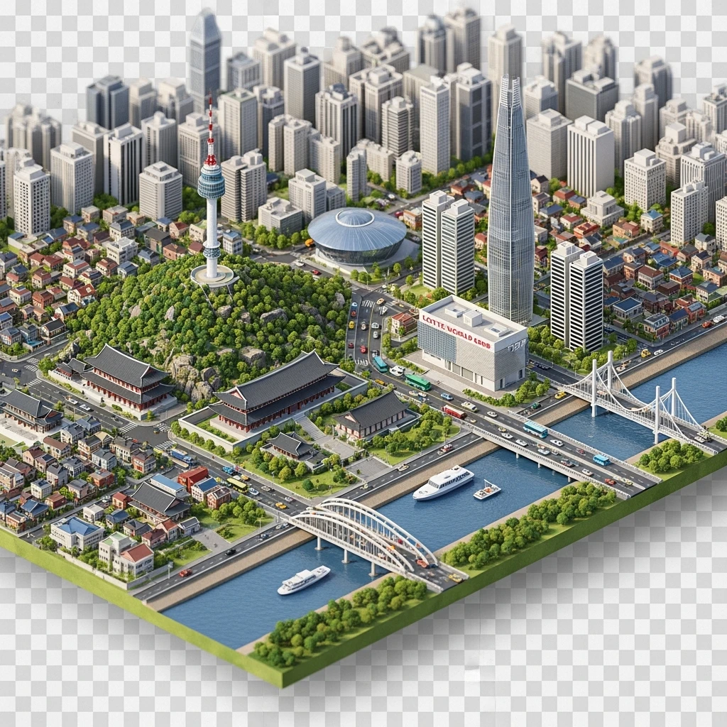 Isometric diorama of Seoul typical houses, Namsan Seoul Tower, Gyeongbokgung Palace, Lotte World Tower, Dongdaemun Design Plaza, and Han River bridges, 3D miniature effect and Tilt Shift effect, no cartoonish look, transparent background. emoji