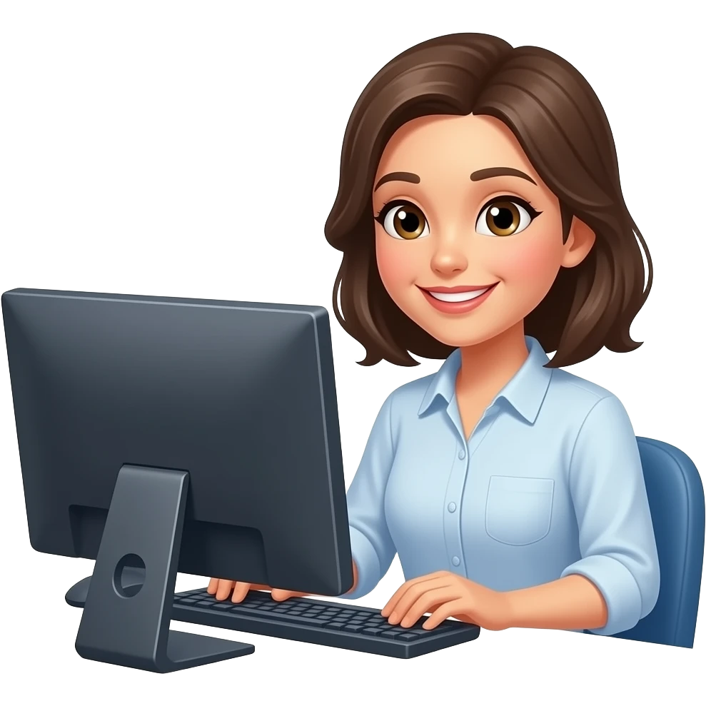 A satisfied woman is working at the computer. emoji