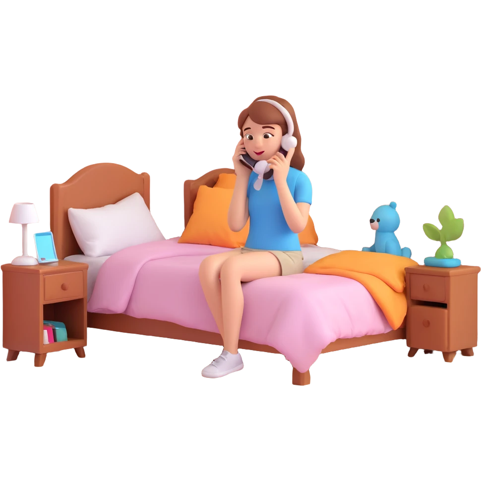 girl talking on phone bedroom background, close up pose emoji