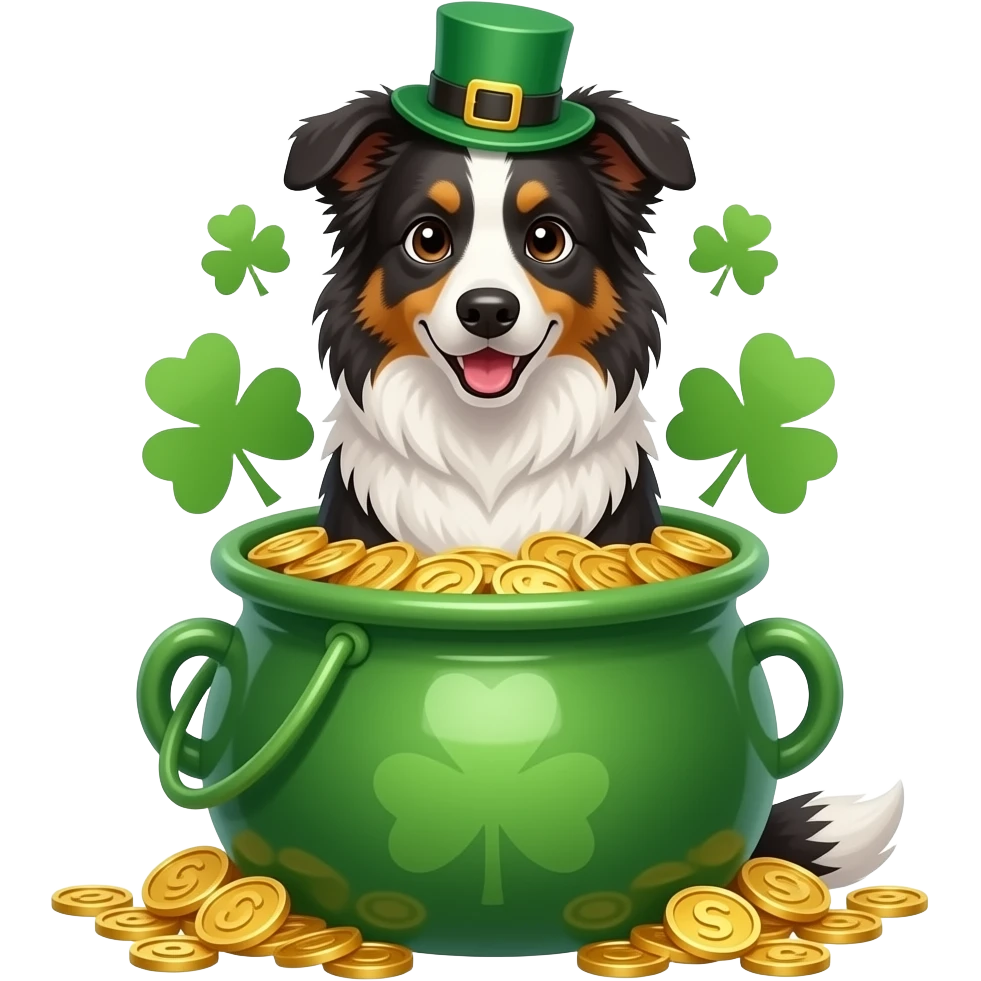 Make the dog a border collie sitting in a st Patrick’s day pot of gold emoji
