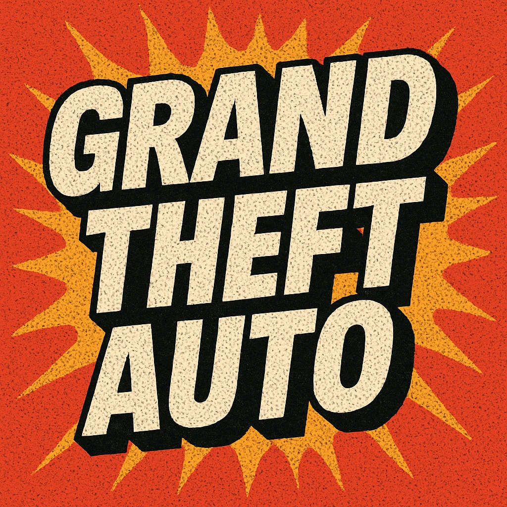 the words 'Grand Theft Auto' in a retro, comic book style, similar to the Grand Theft Auto logo, with bold black outlines and white letters emoji
