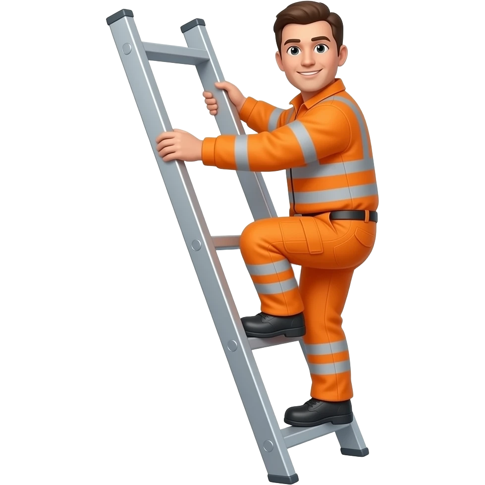 MAN IN ORANGE HIVIS OVERALLS WITH SLEEVES, CLIMBING A LADDER emoji