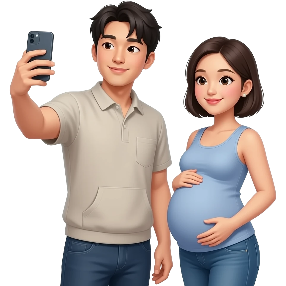 generate me a hot korean guy pregnant taking a mirror selfie with bangs with a hot younf filipina with short hair besides him carrying his womb emoji
