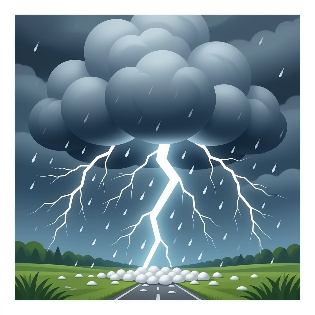 A bad thunderstorm with lightening strikes, dark ominous clouds and and white hail sized balls raining down from the sky emoji