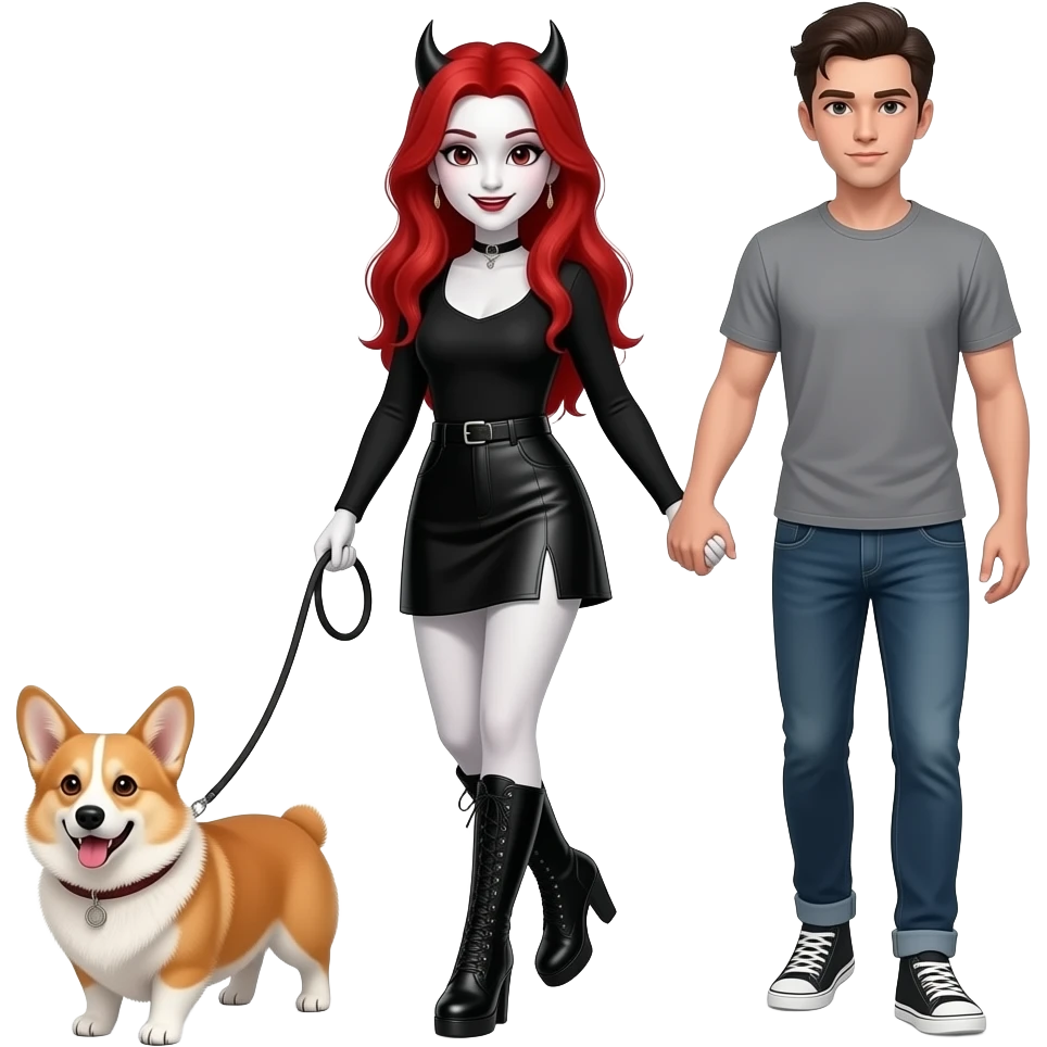 Vampiro femmina ADOLESCENTE con pelle bianca e capelli rossi lunghi che indossa una gonna corta nera e un top con le maniche lunghe e degli stivali lunghi neri con tacco che cammina con al guinzaglio un Corgi e tiene per mano il suo ragazzo emoji