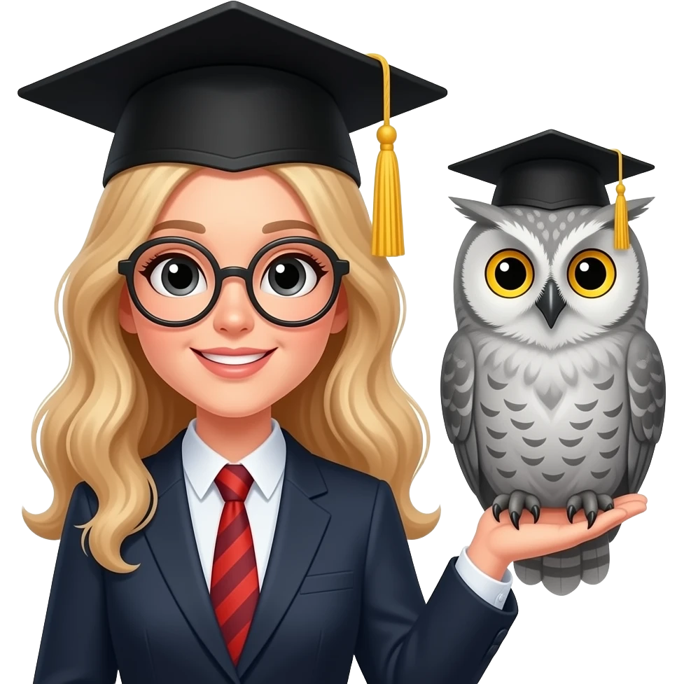 a teacher with long wavy blond hair. a grey owl in a black graduation cap with a yellow tassel, in round yellow glasses sitting on the right hand emoji