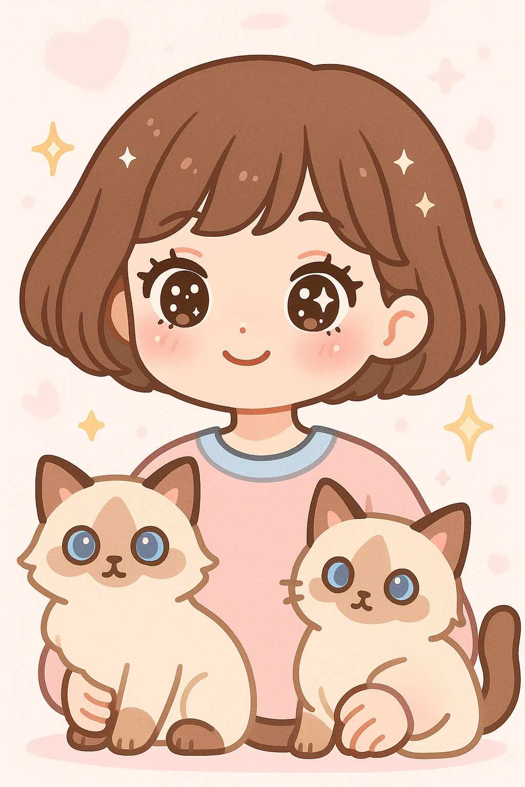 cute girl with short brown hair in soft girl style, wearing makeup, with sparkles and two light brown ragdoll cats, pink dreamy setting emoji