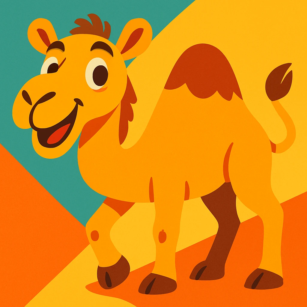 camel with a cheerful look, cartoon style, vibrant colors, playful vibe emoji