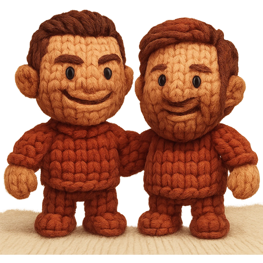 happy Cristiano Ronaldo and Lionel Messi side by side as red knitted thread dolls, realistic painted cartoon style emoji