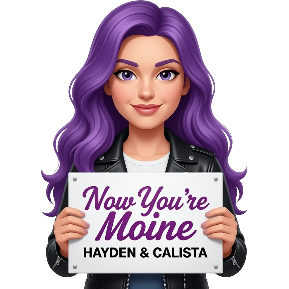 sexy girl with long purple hair holding a Now You're Mine HAYDEN & CALISTA sign emoji