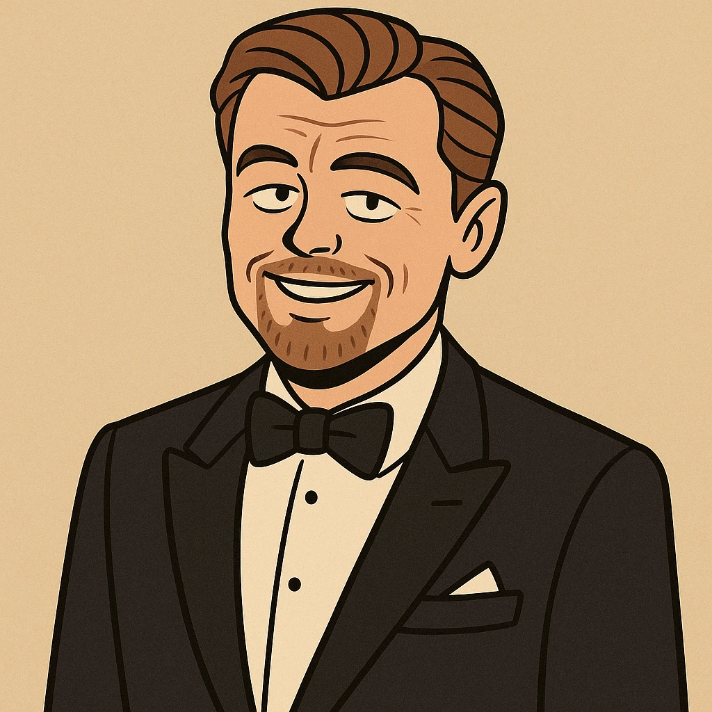 Leonardo DiCaprio in cartoon style, classic tuxedo, charming smile emoji