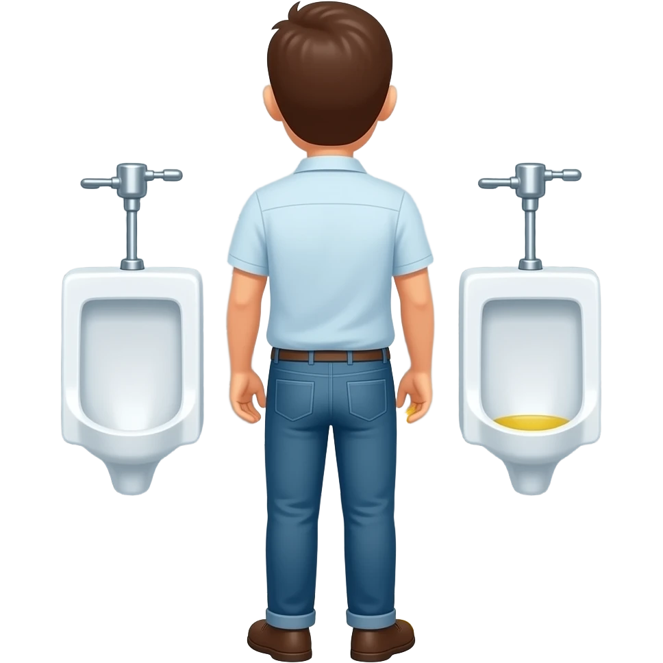 Erstelle ein Bild von einem urinal in einem öffentlichen WC, man sieht ein Mann von hinten vor einem urinal stehen und aus seiner Hose kommt ein gelber dünner Wasserstrahl der in das urinal strahlt emoji