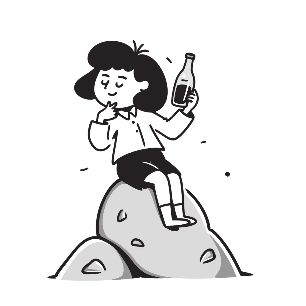 Azov-chan drinking beer while sitting on a big rock emoji