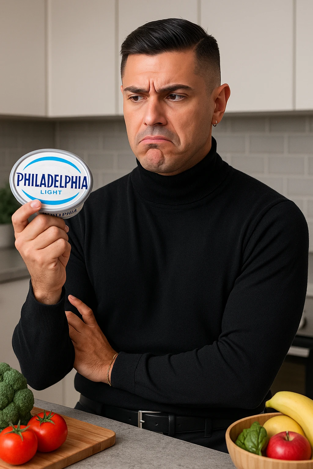 a man stands in his kitchen, holding a tub of Philadelphia Light cream cheese in one hand. He looks at it with a skeptical, slightly disapproving expression, eyebrows furrowed and lips pursed. The background shows a modern kitchen with healthy food options visible on the counter, emphasizing his awareness of better choices. The mood is reflective and subtly critical. emoji