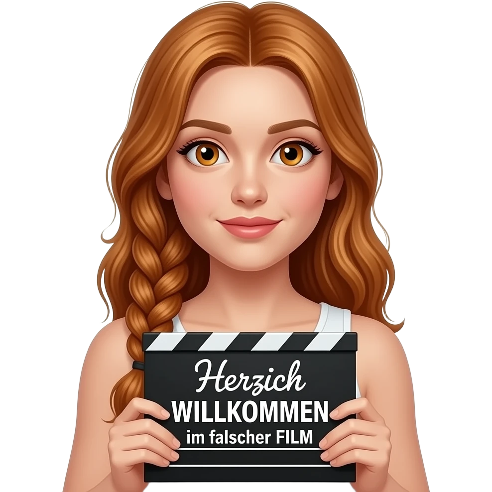 sexy girl with long ginger braids and ginger eyes wearing a white tanktop is holding a black sign with Herzlich WILLKOMMEN im falschen FILM written on it emoji