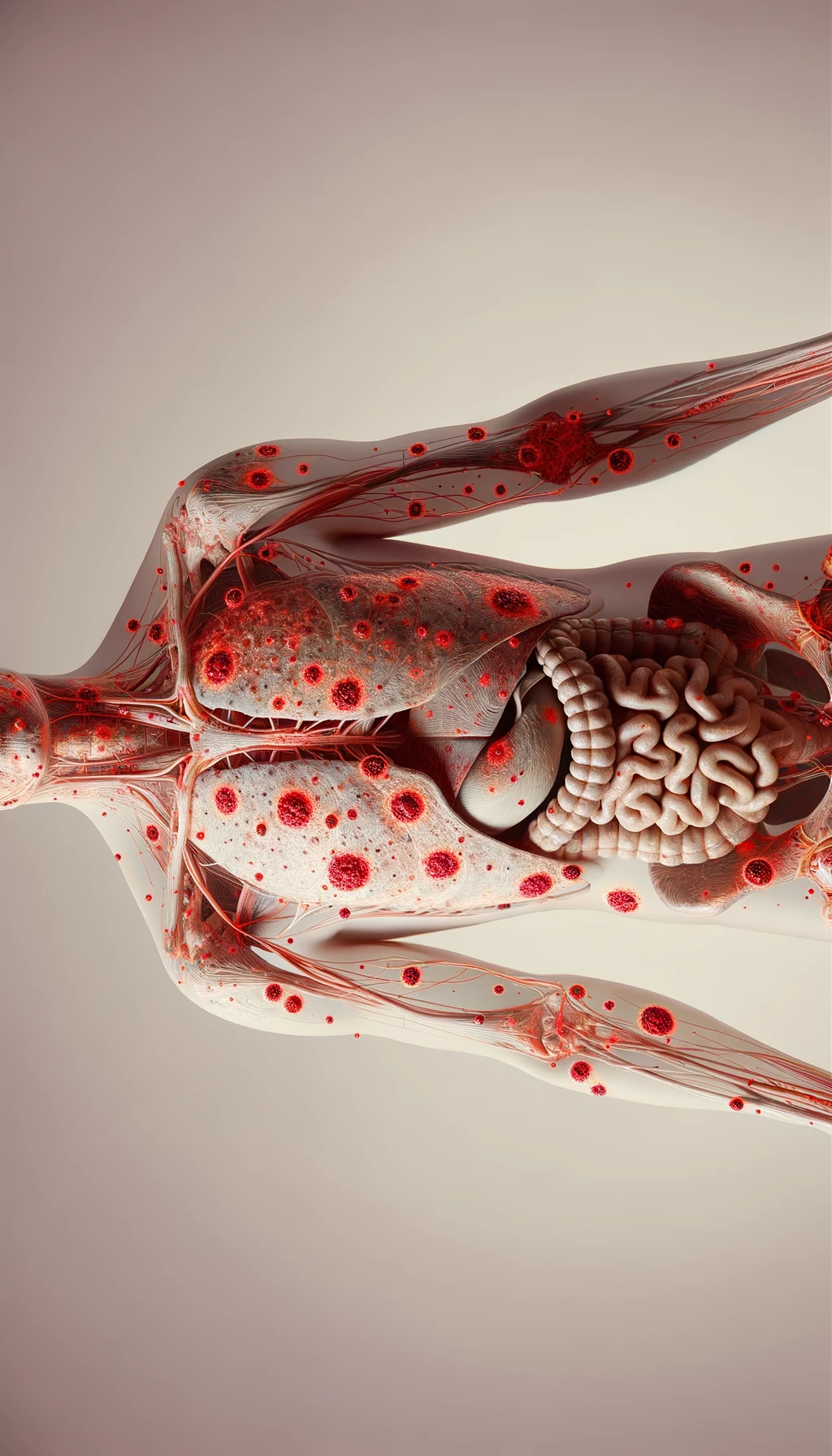 CORPO UMANO ANATOMICO CON RED SPOT DI INFIAMMAZIONE SPARSI SUL CORPO, SFONDO CHIARO, iperrealistico 4k emoji