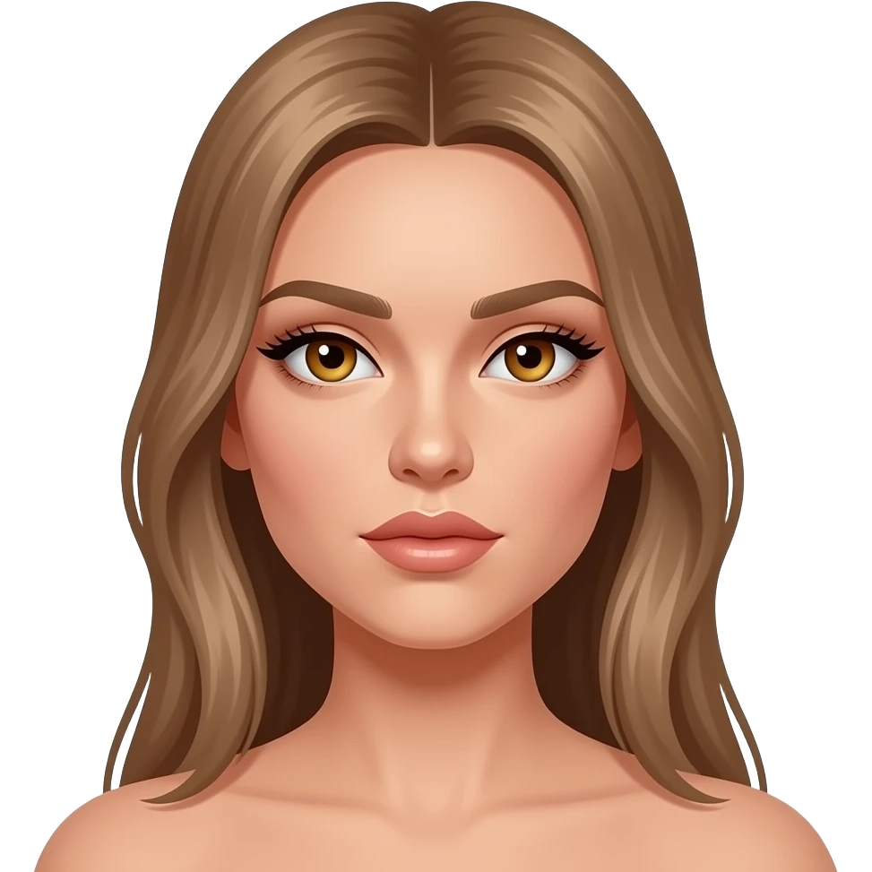 Woman with an oval face, light tan glowing skin, large almond-shaped hazel eyes with long lashes, light full arched eyebrows, straight slim nose, full lips, long light blondish brown smooth hair, symmetrical model-like face, elegant and slightly intense expression. Crop top half body emoji