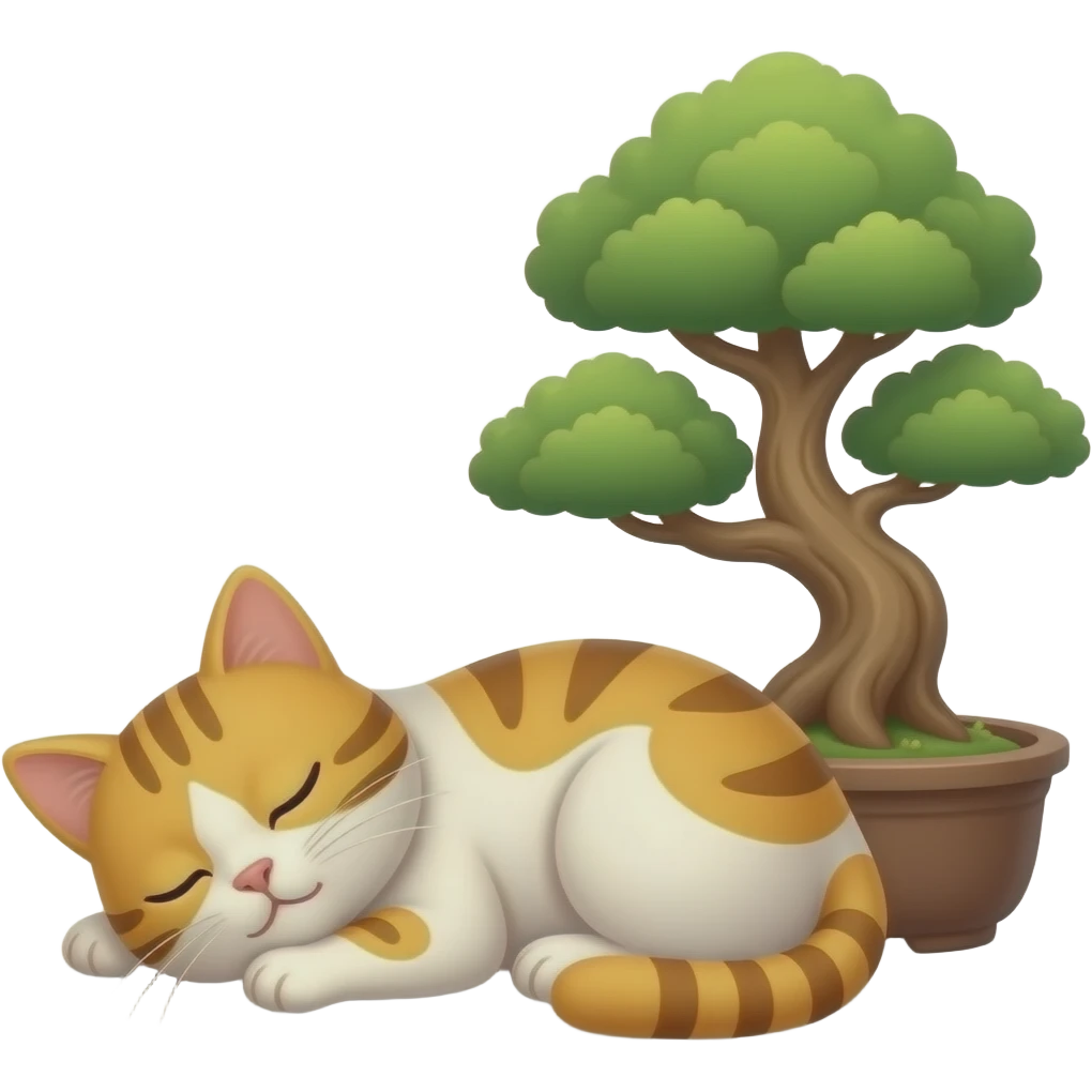 a cat sleeping next to a bonzai tree emoji