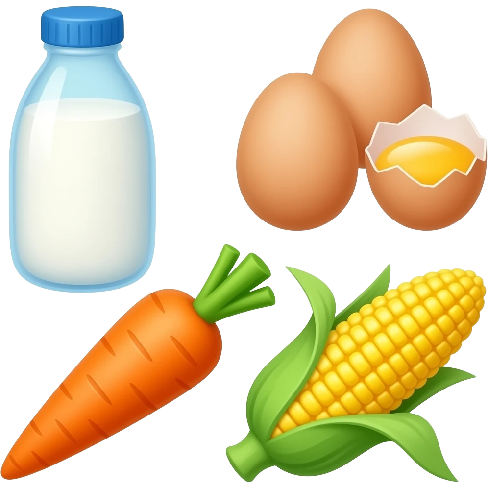 Milk, eggs, carrots, and corn emoji