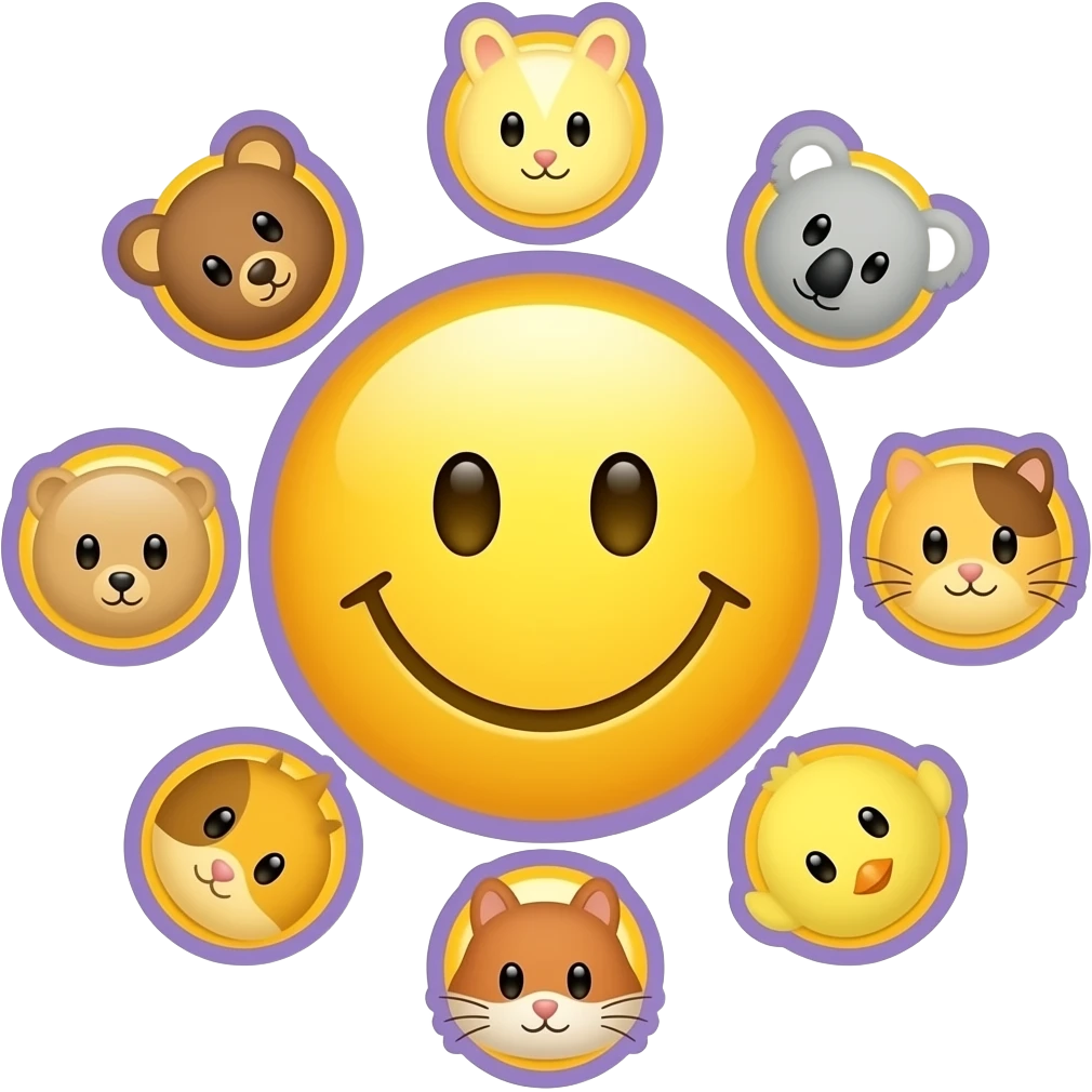 Same as this design, Yellow Smiley in the centre. The smiley with light purple , circle form ,serrounded by the head only of these 7 symbols: 🐻🐰🐨🐈🐹🐿🐥 Small size. Bright yellow background instead of red, lighter purple outlines emoji