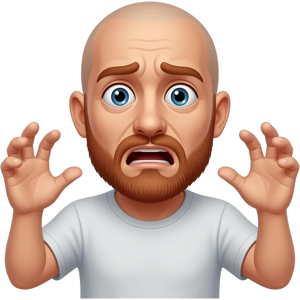 White man with no hair and a red beard looking really scared emoji