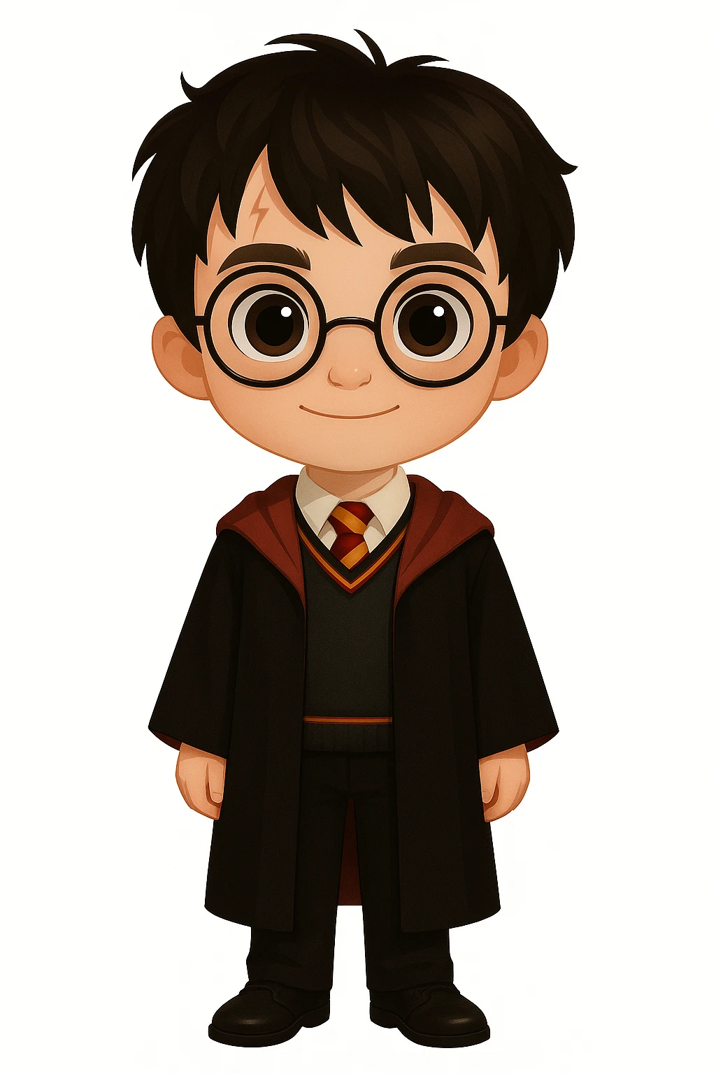 Adjust Harry Potter to full body, standing, wearing traditional Gryffindor uniform, round glasses, scar on forehead, large eyes, and exactly the same height and proportion as the character with glasses in the second reference image. Maintain the same visual style as the original image. emoji