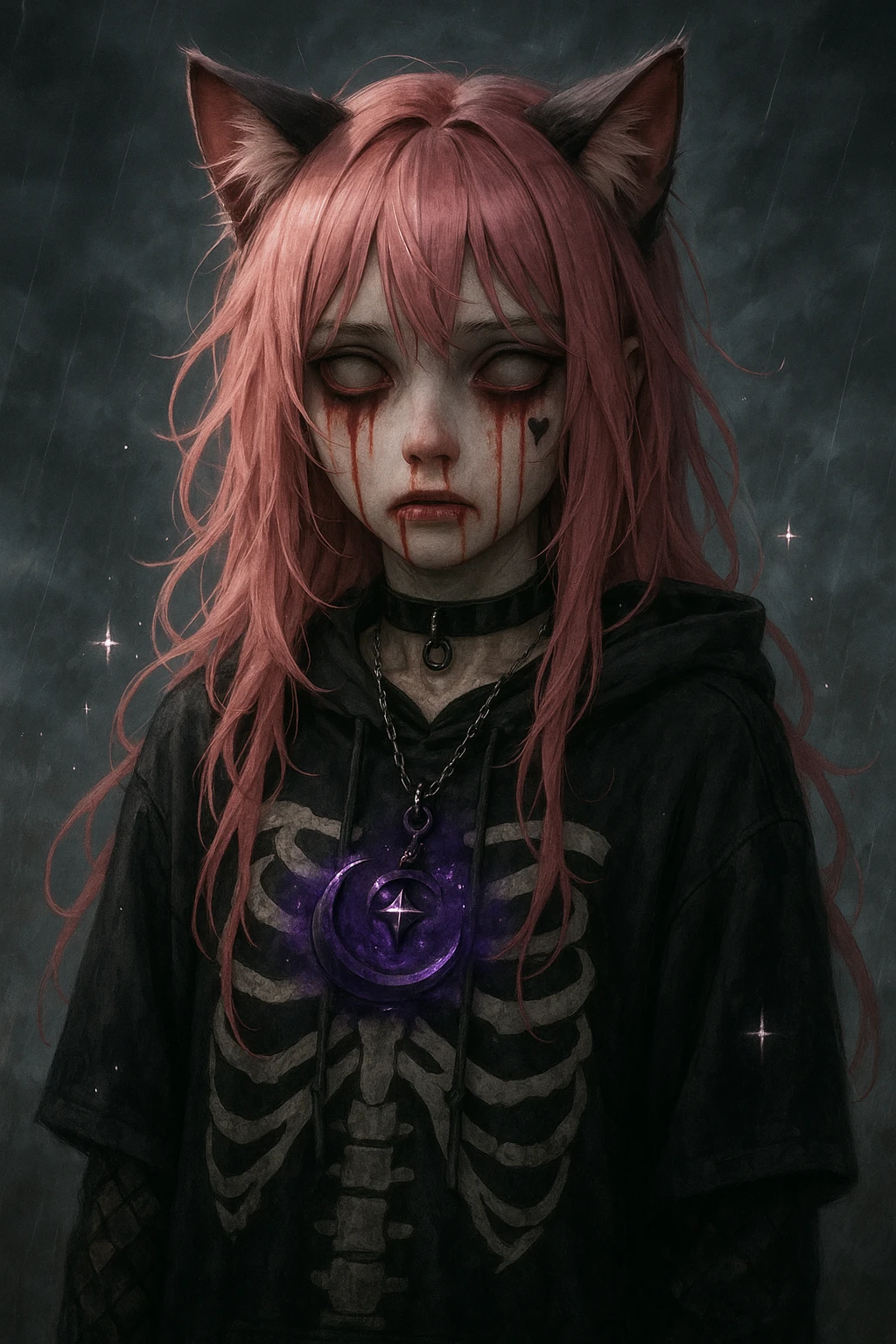 realistic anime catgirl with pink hair, emo streetwear, heart tattoo under left eye, dark magical accessory, sparkles, stormy background, blood tears horror look with crying blood, hollow stare, unsettling aura emoji
