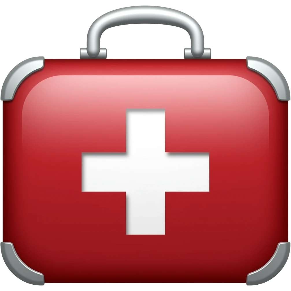 "Emoji de kit médico: maletín rojo con cruz blanca brillante, diseño vectorial estilo iOS, plano, minimalista, fondo transparente." emoji