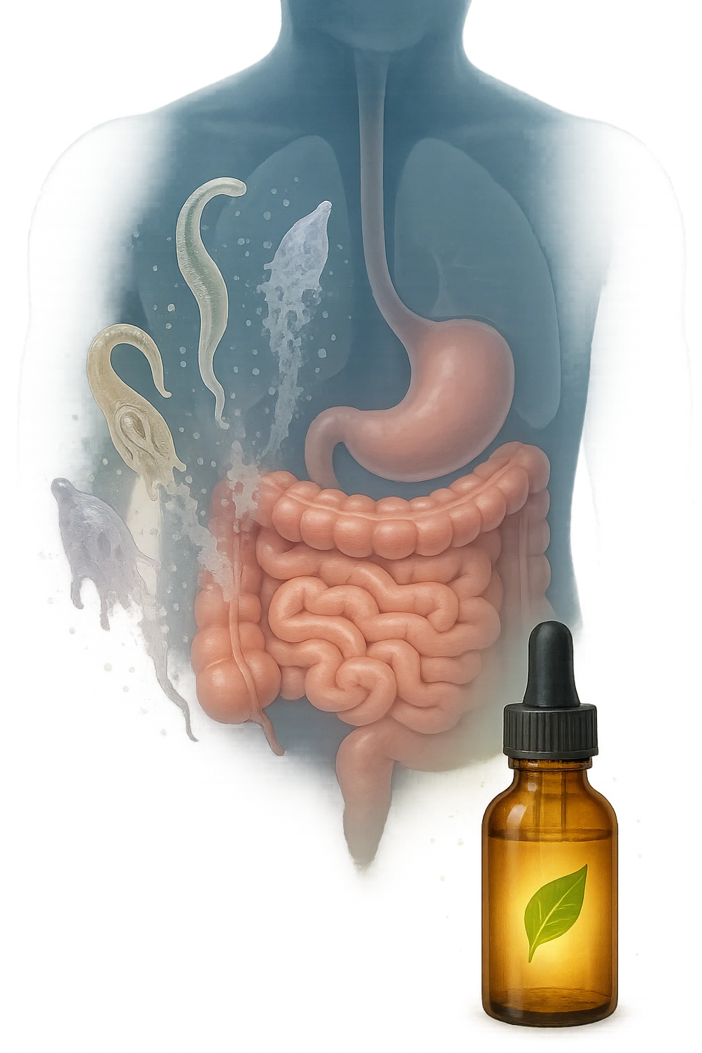 A realistic, high-quality medical illustration showing microscopic parasites leaving the human intestines, symbolically dissolving and breaking apart, after the intake of natural kinesiological drops. The drops are shown in a small amber glass dropper bottle in the foreground with a green leaf on the label, emitting a subtle glow symbolizing detox and cleansing. The background depicts a semi-transparent human silhouette with a highlighted digestive tract, showing clean, healthy intestines, while parasites in translucent fading colors are moving out, symbolizing elimination. The atmosphere is clean, fresh, and conveys a sense of natural healing, detoxification, and hope. emoji