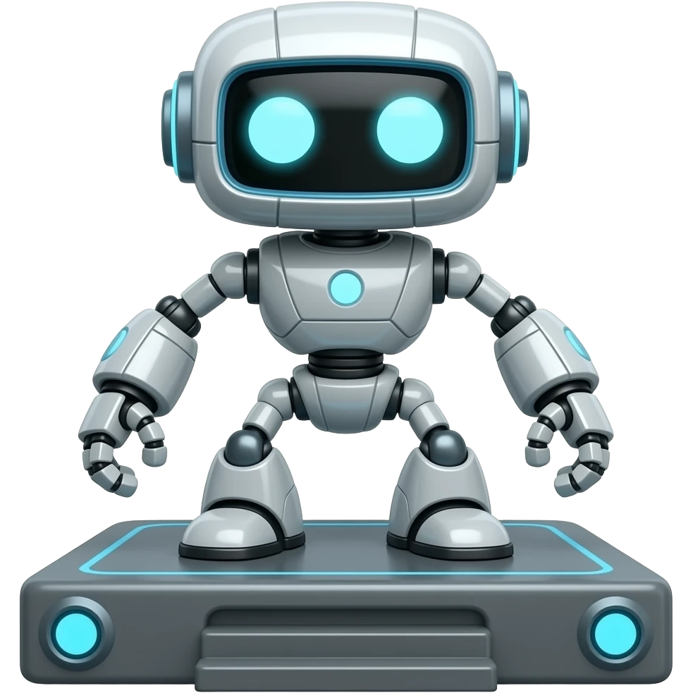 A platform with 2 legs facing forward with glowing white eyes and with no arms and also big carrying a tiny robot emoji