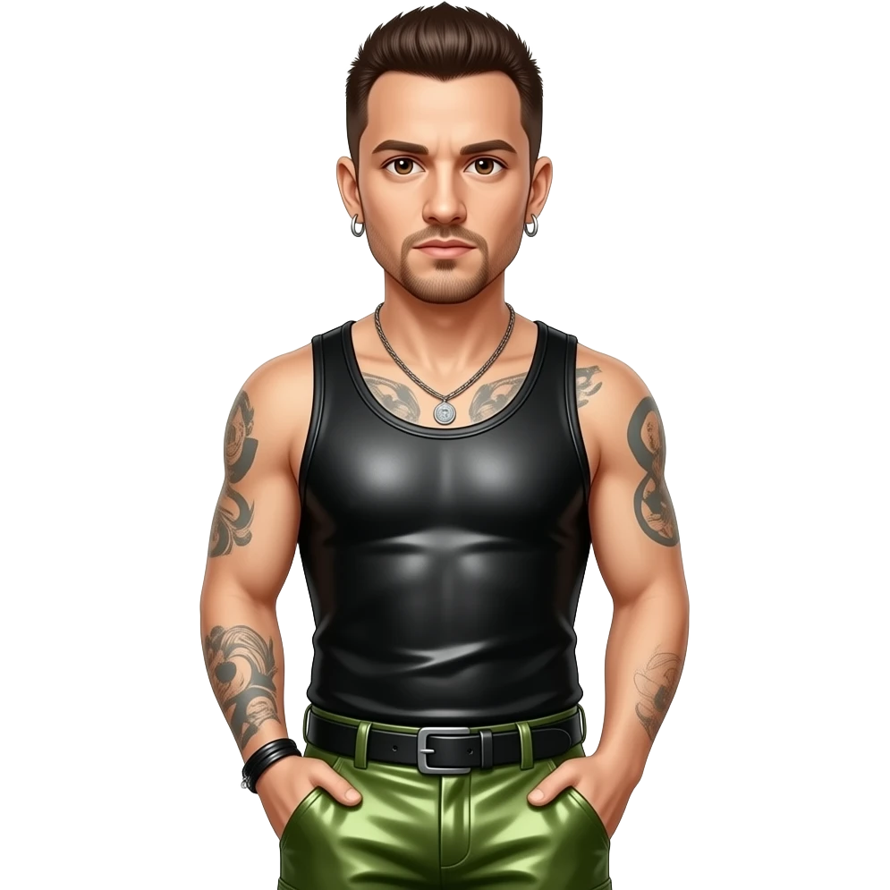 Chester Bennington with brown eyes, dark brown hair, black metallic tank top, olive green metallic baggy pants, necklace and earrings emoji