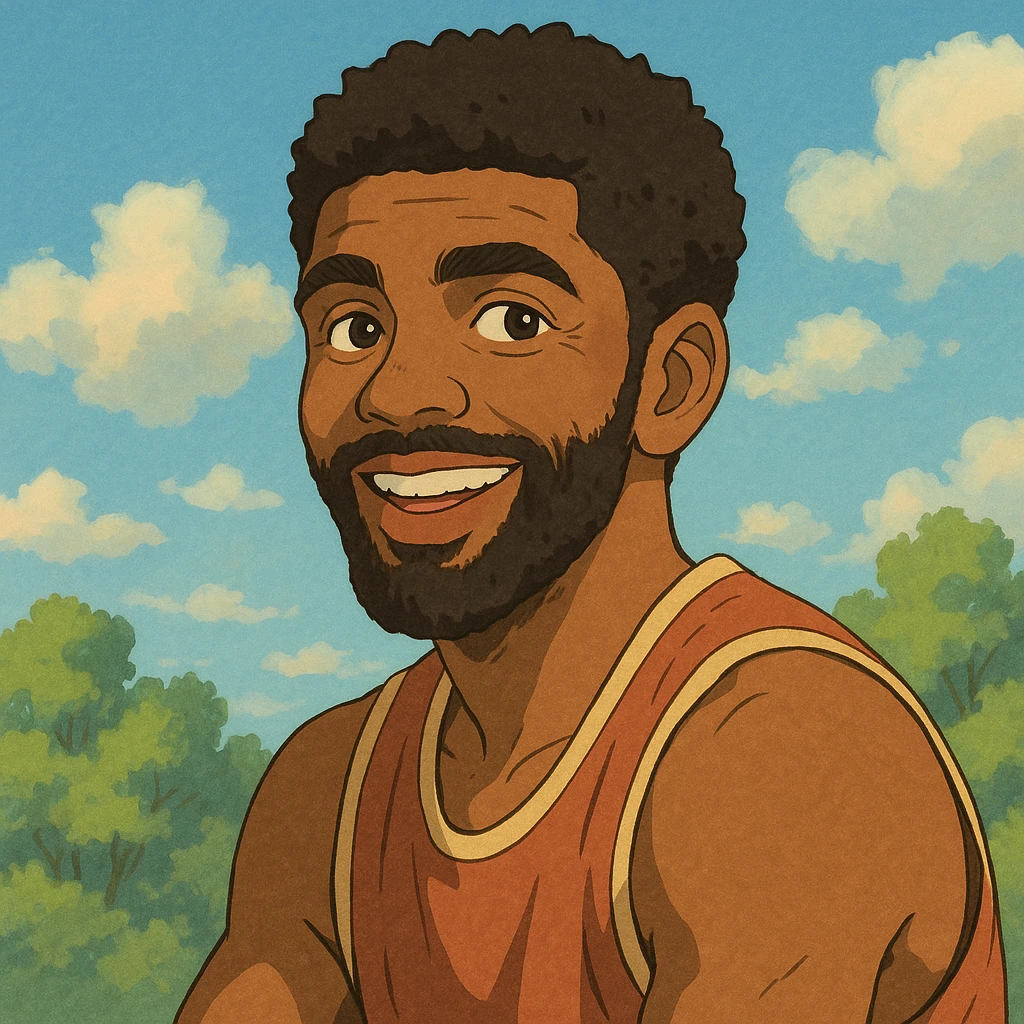 Kyrie Irving in Ghibli style, expressive and warm, soft colors emoji