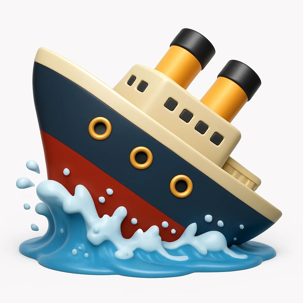 A 3D emoji in iOS emoji aesthetic style of a large ship sinking into the ocean, the front half already underwater while the back half tilts upward dramatically, surrounded by splashing waves and foam, soft realistic lighting, glossy Apple-style design, clean white background


 emoji