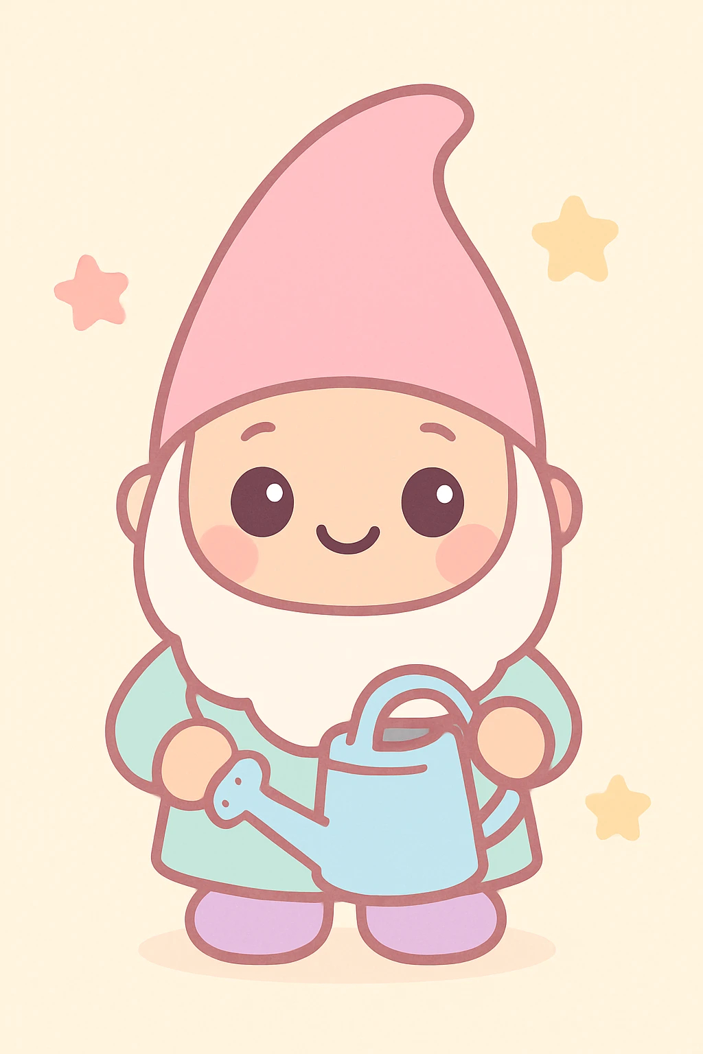 cute garden gnome, holding a watering can, kawaii style, adorable, colorful, charming emoji