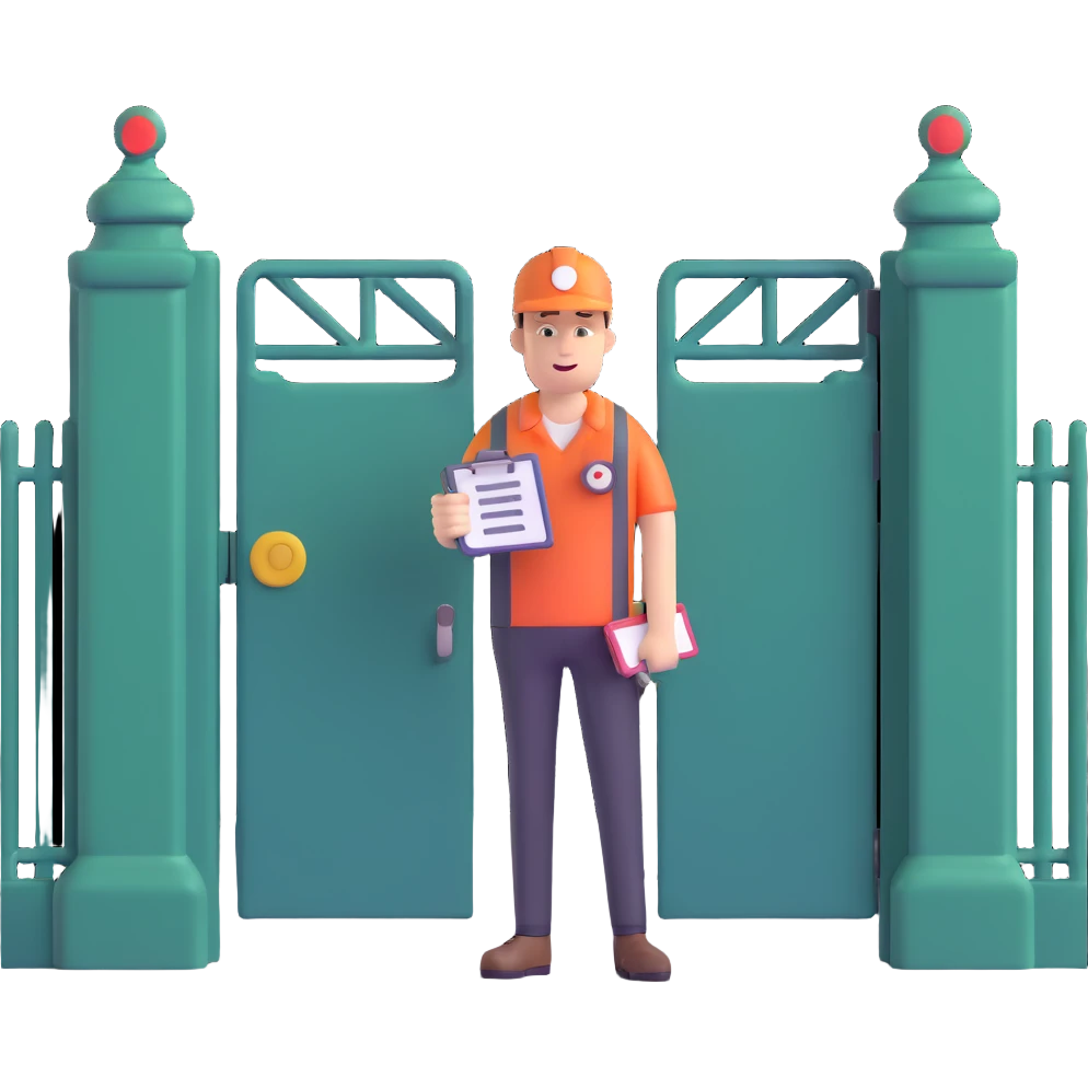 person with a whistle and clipboard standing in front of a closed gate, blocking entry emoji