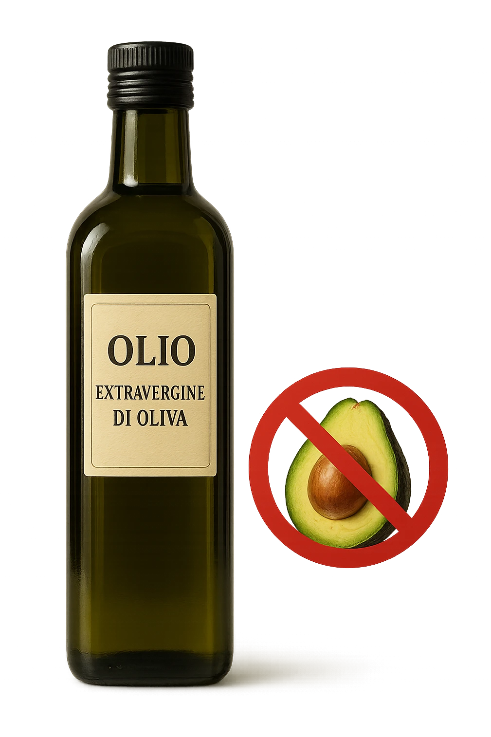 BOTTIGLIA DI OLIO EVO CON LA SCRITTA "OLIO EXTRAVERGINE DI OLIVA" SULL'ETICHETTA E AVOCADO CON DIVIETO SOPRA,  iperrealistico 4k emoji