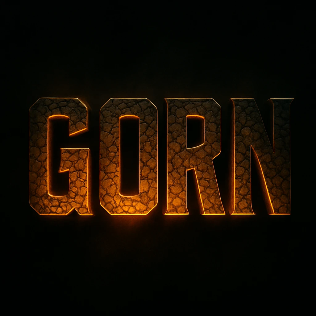 The word 'GORN' in a bold, sci-fi inspired font, with a lizard or reptilian texture, evoking the Star Trek Gorn character, in a dramatic style. emoji