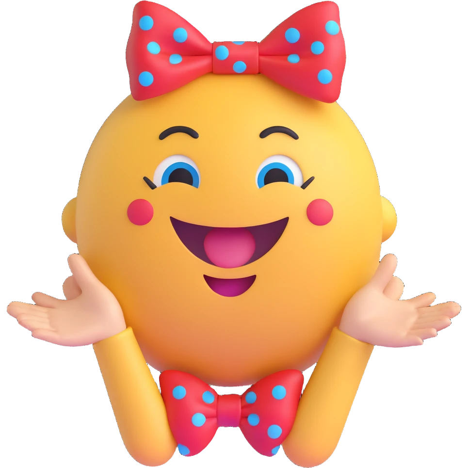 3D smiley emoji, large eyelashes, red polka dot bow, waving with two hands, laughing, blue eyes, cute style emoji