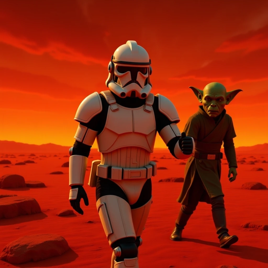 Camera POV, Starwars stormtroopers vlogging selfie, he is walking on lava planet with yoda emoji