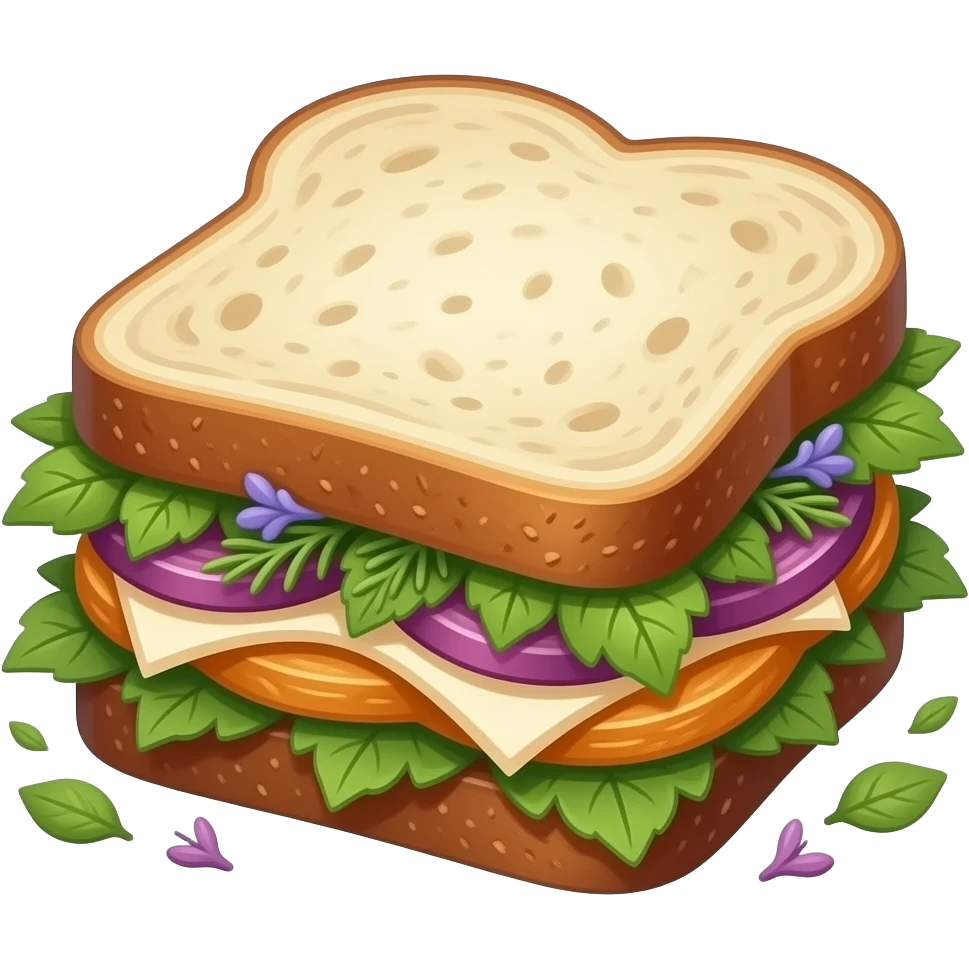 Elegant forest fairy sandwich, delicate layers, fresh herbs, edible flowers, rustic bread, botanical fantasy, emerald green, amber, subtle violet accents. emoji