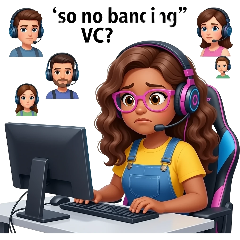 A curvy tan woman with long curly hair and pink glasses, wearing overalls and a yellow shirt, wearing a gaming headset,sitting at her computer, looking disappointed, with the words "so no banging VC?" And some floating avatars of people in gaming headsets emoji