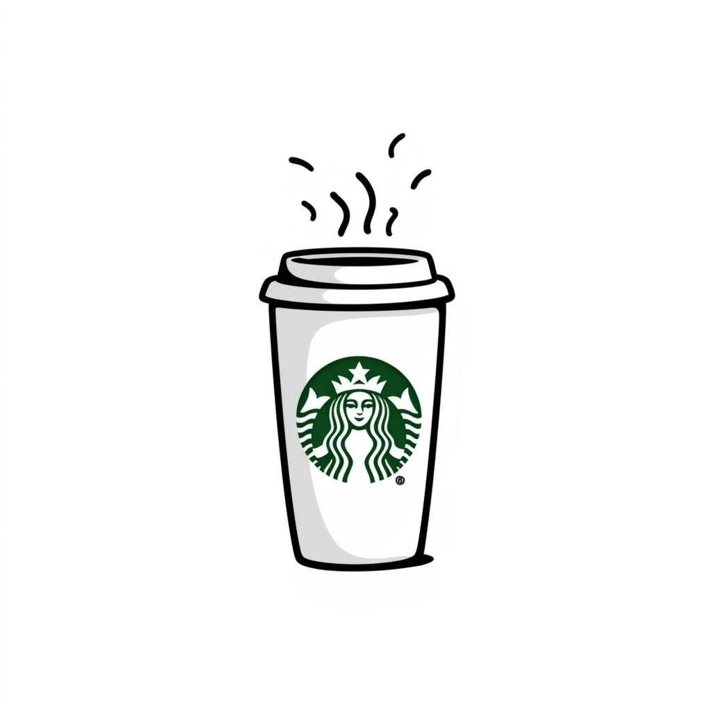 Starbucks coffee cup, hand drawn style, playful, with steam, green logo emoji