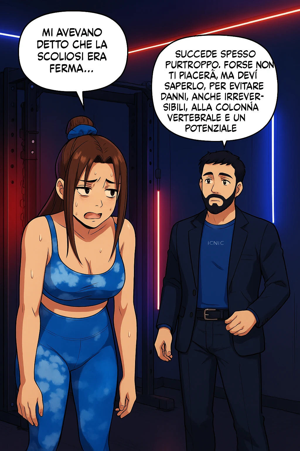 fai questa immagine in versione fumetto/manga/webtoon a colori, il manga mostra l'uomo che risponde alla donne:
Succede spesso purtroppo. 
Forse non ti piacerà ma devi saperlo, per evitare danni, anche irreversibili, alla colonna vertebrale e un potenziale intervento chirurgico. emoji