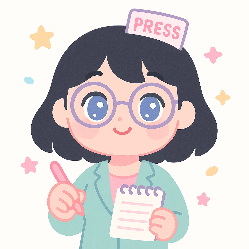 cute journalist woman with black hair, blue eyes, and glasses, holding a notepad and pen, friendly and approachable style emoji